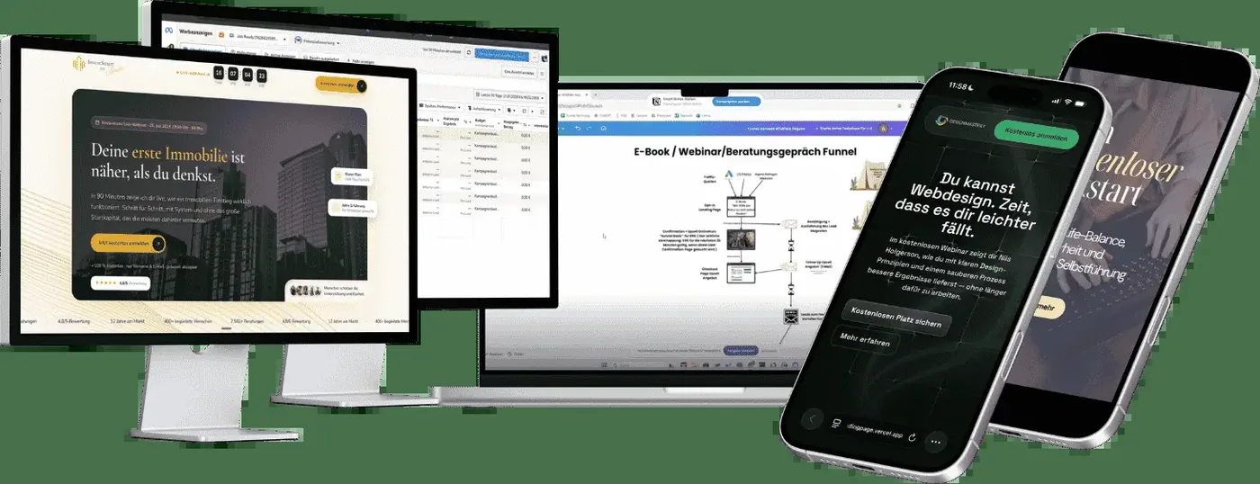 Landingpages und E-Mail-Strecken aus einem Praxisprojekt der Ausbildung, auf Desktop und Smartphone